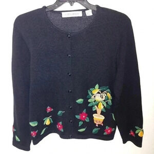 Claire Murray Sz. XL black 100% cotton long sleeve cardigan w Bird & Fruit Tree